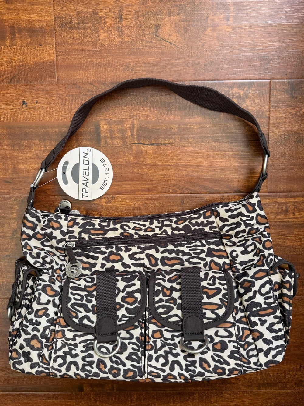 NWT Travelon Leopard Print Stylish Shoulder Bag in Brown and Cream
